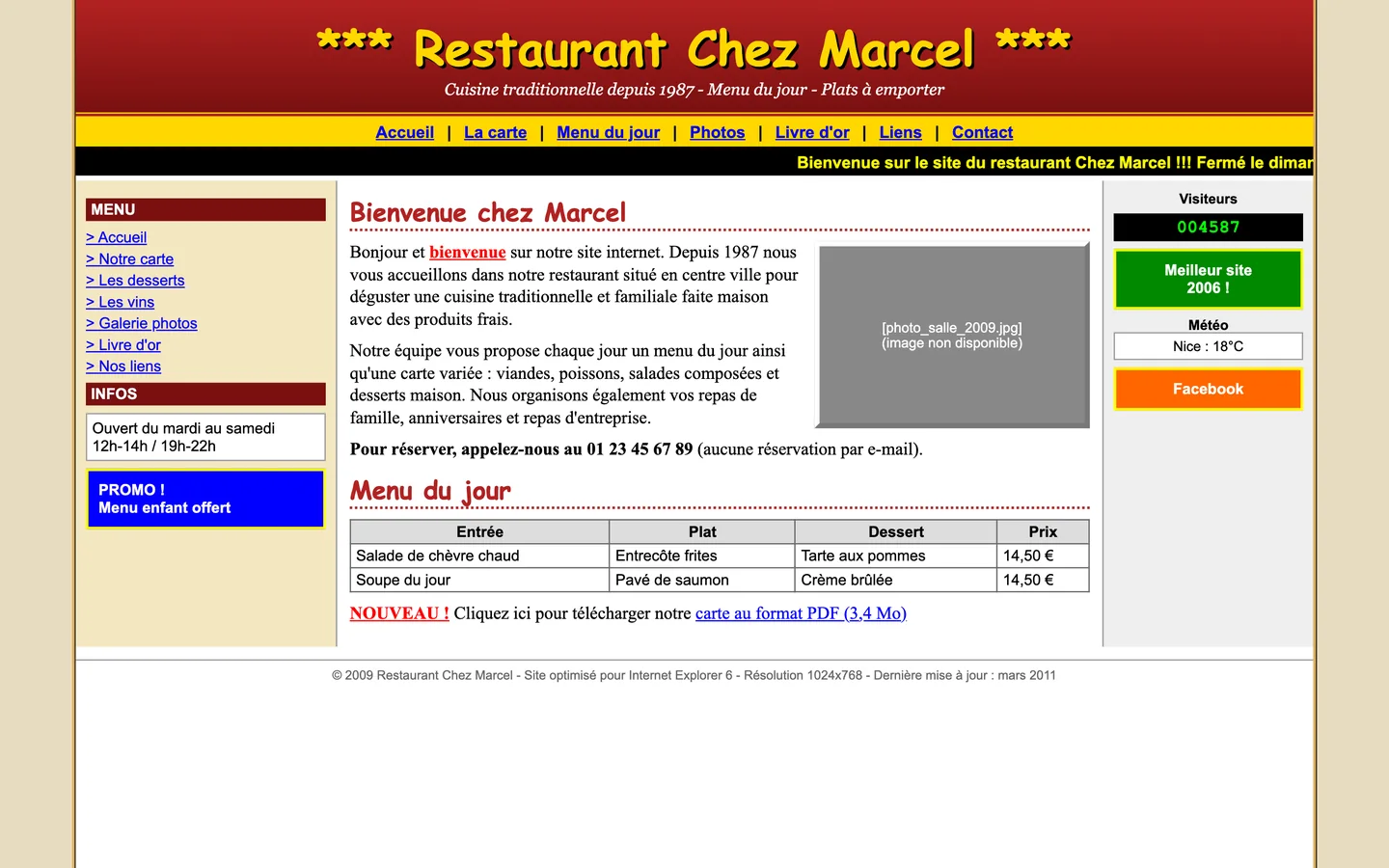 Avant : site de restaurant ancien, chargé, illisible sur mobile